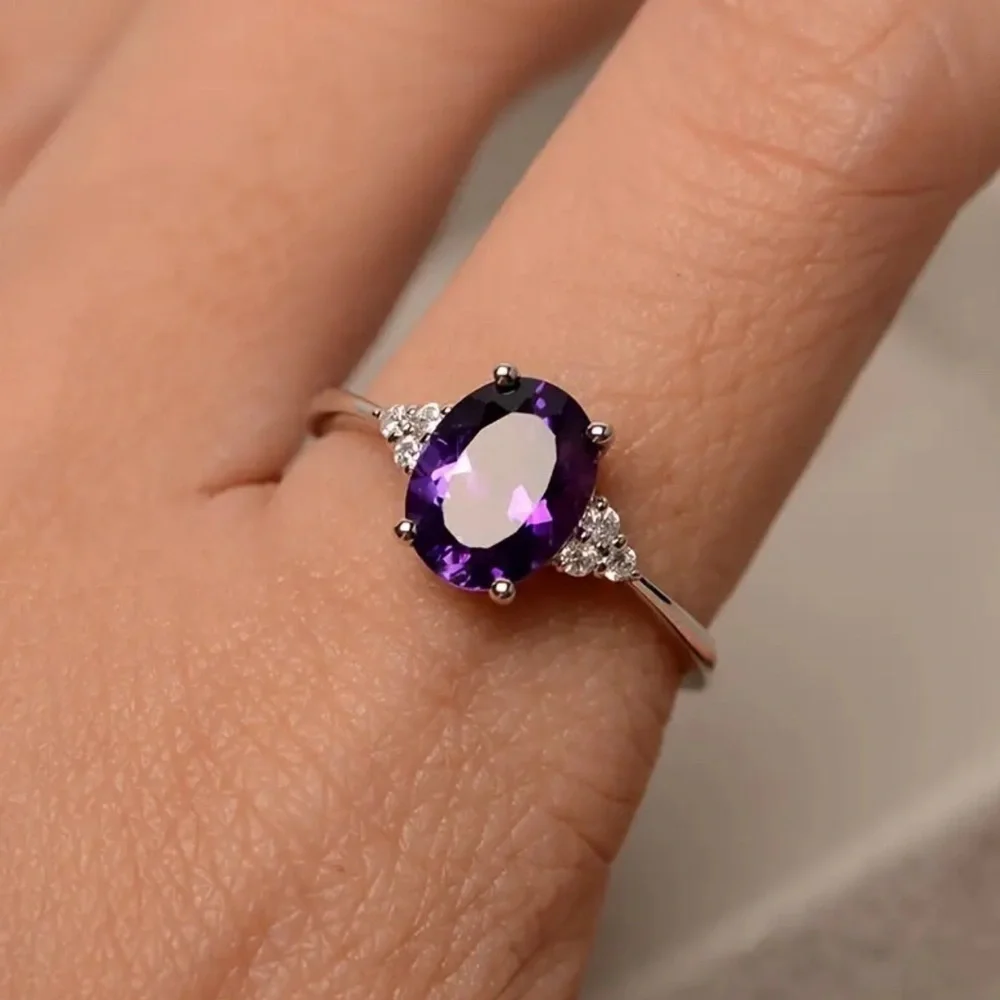 New Oval Amethyst Color Rhinestone Sivertone‎ Ring Size 8